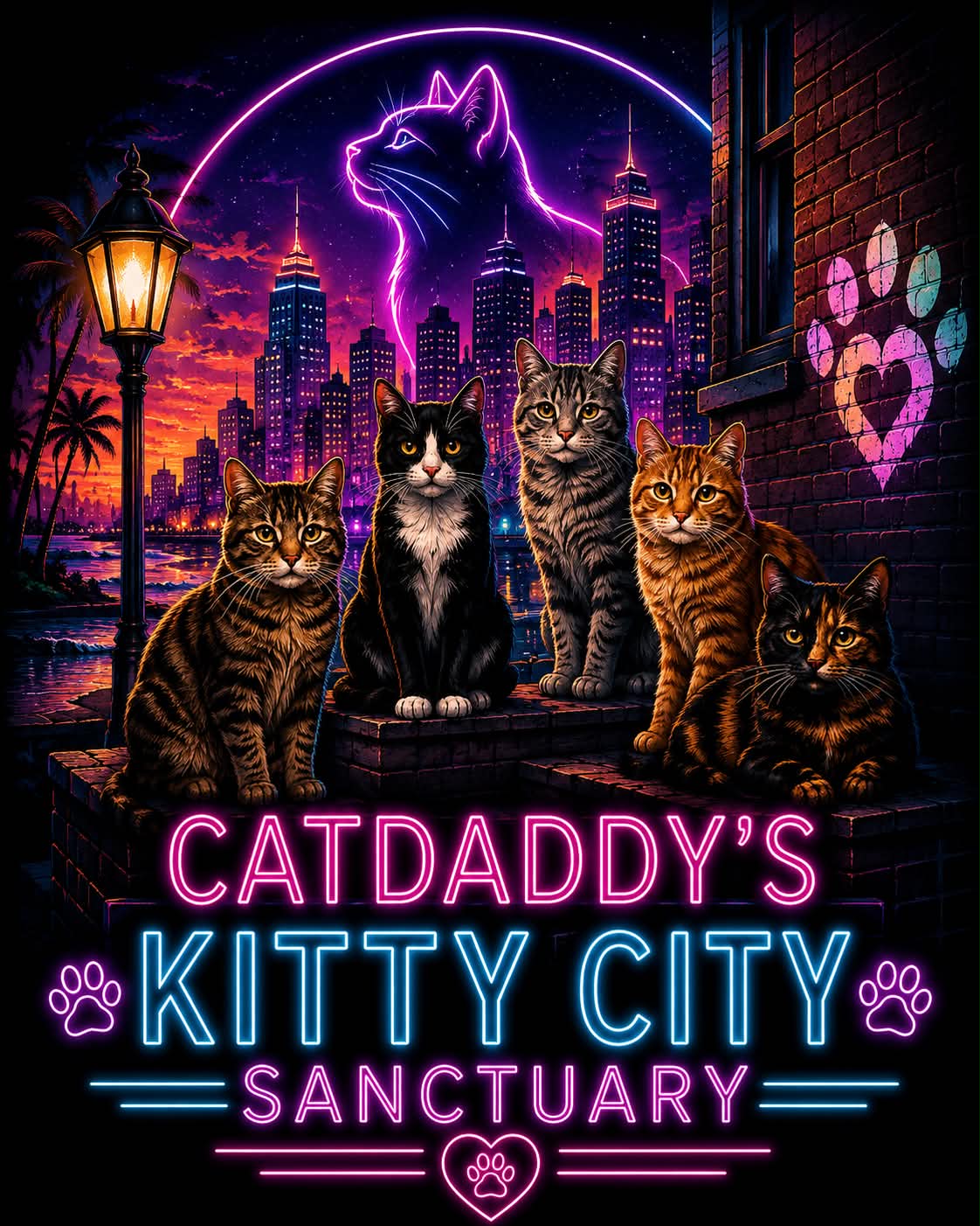 CatDaddy's Kitty City Sanctuary neon sign with five cats on a brick wall at dusk